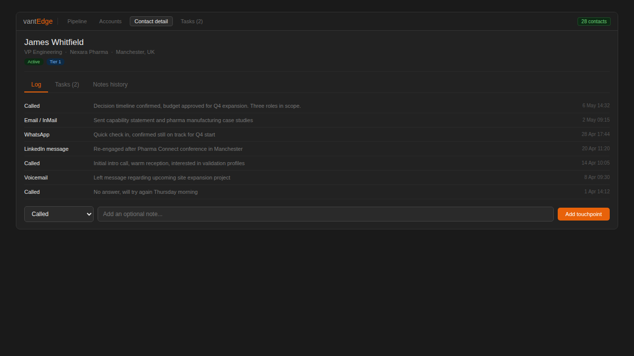 vantEdge engagement log